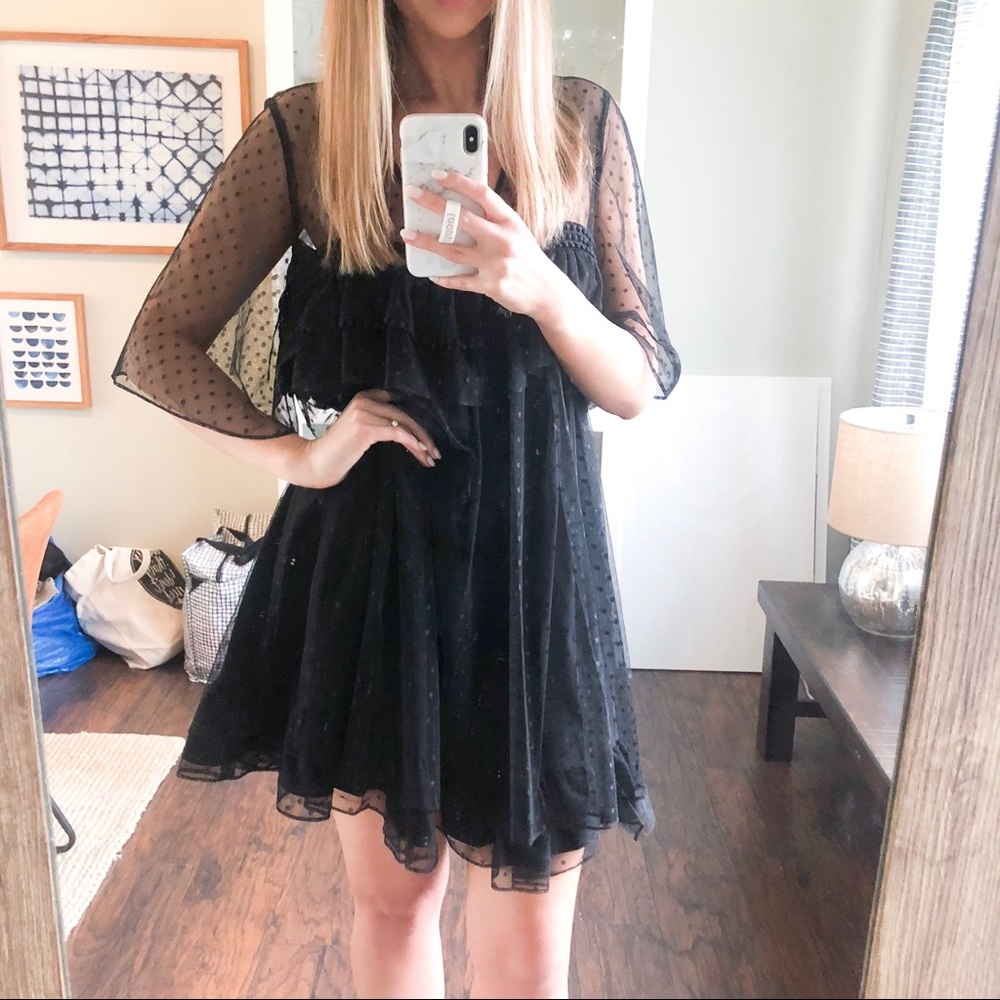 Black Dotty Mesh Dress with Flouncy Sleeves
